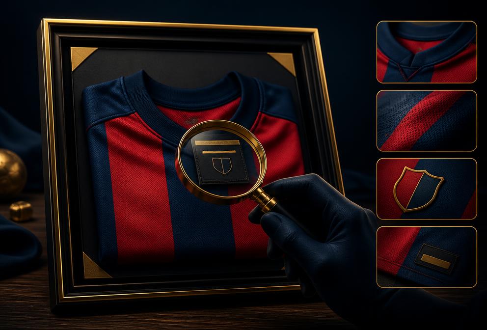 Maillot de foot encadré inspecté à la loupe avec ses photos